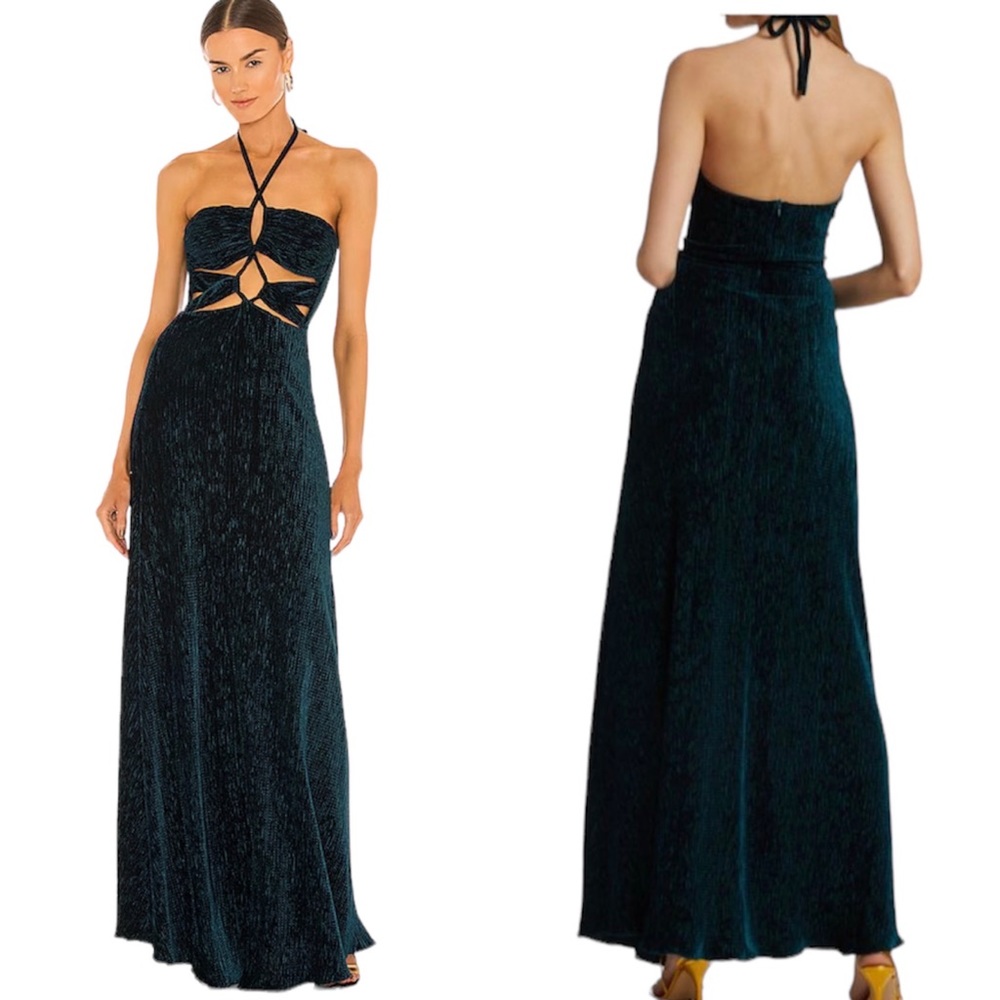 PatBO Dark Prussian Green Textured Velvet Lace-Up Halter Maxi Dress 4